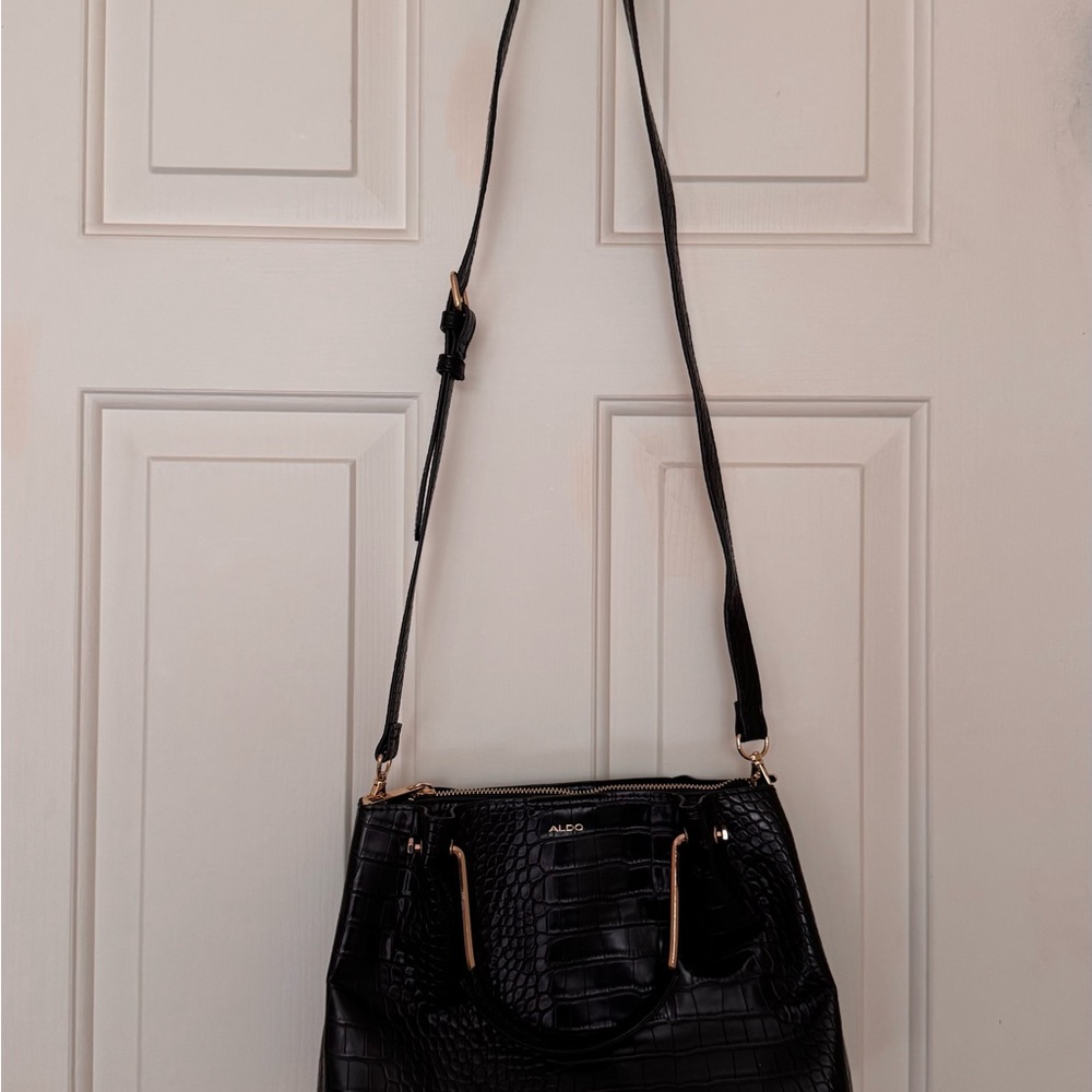 Aldo Black Croc-Embossed Shoulder Bag with Gold Hardware